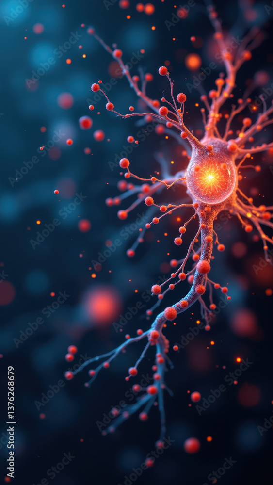Aufkleber a highly detailed 3d rendering of a human neuron with glowing dendrites and axon.