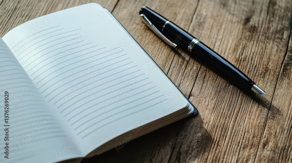 Poster a close-up of an open notebook with blank lines next to a sleek pen, resting on a wooden surface, id