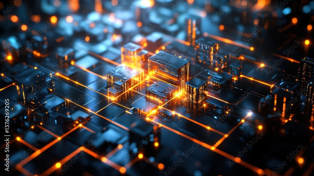 Poster abstract digital cityscape featu glowing orange lines connecting dark metallic structures, resemblin