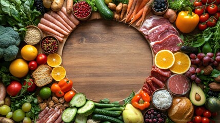 A vibrant arrangement of fresh fruits, vegetables, and meats surrounding a wooden cutting board, showcasing a colorful and healthy food display.