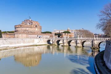 Historic Castel Sant'Angelo with Ponte Sant'Angelo bridge and Tiber river in Rome, Italy