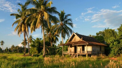 Fototapeta premium A Khmer-style house in a tropical setting, with palm trees and a serene atmosphere.