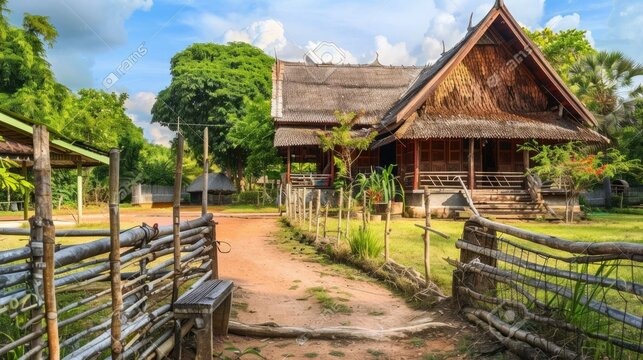 A traditional Khmer house with a large thatched roof and bamboo fencing.