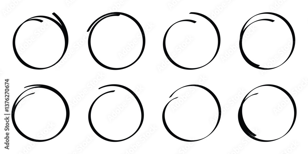 Aufkleber hand drawn circles set. circles of different widths. highlight circle frames. ellipses in doodle sty
