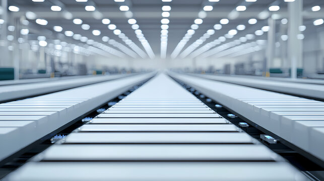 A wide-angle view of an industrial space featuring parallel conveyor belts and bright overhead lights, emphasizing a clean and modern design.