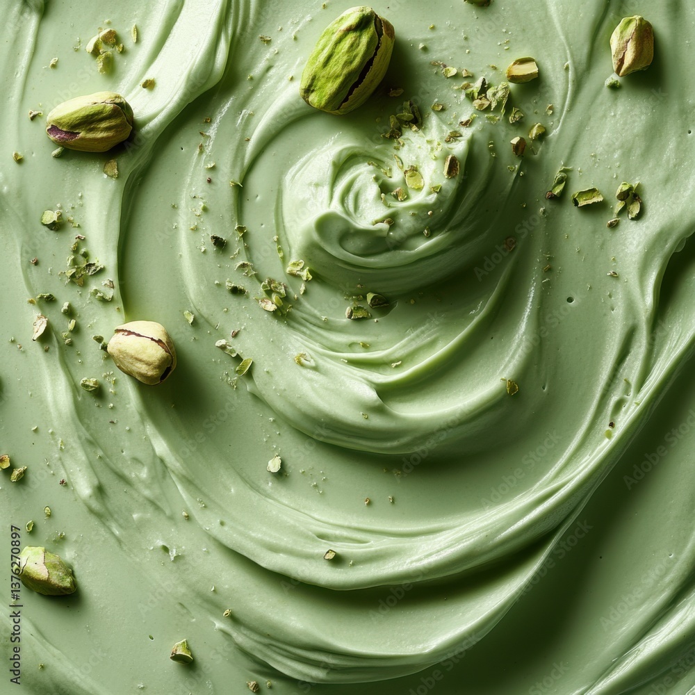 Poster a creamy green texture swirled with bits of pistachio nuts, creating a visually appealing and delici