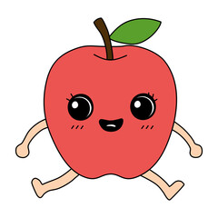 Cute apple cartoon character with arms and legs, sitting and smiling, vector illustration