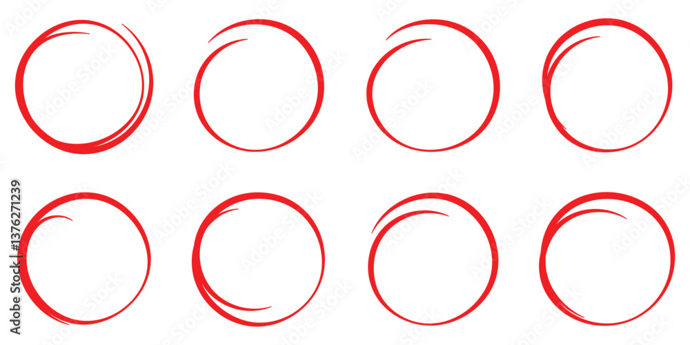 Poster hand drawn red circle line sketch. circular vector red icon. hand drawn circle with doodle patterns.