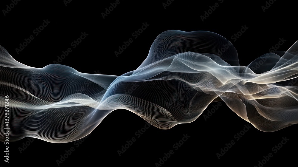 Poster a smooth wave-like design, with layers of translucent, overlapping patterns, forming a harmonious bl