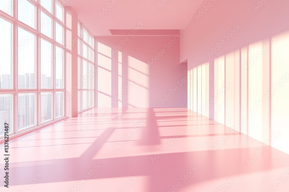 Poster a soft, smooth light pink floor surface in an empty modern room, with natural sunlight streaming thr