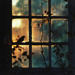 Two birds fly, Bird and potted plant on window, A bird is sitting on window