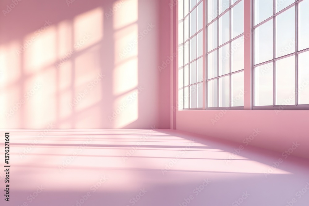 Poster a soft, smooth light pink floor surface in an empty modern room, with natural sunlight streaming thr