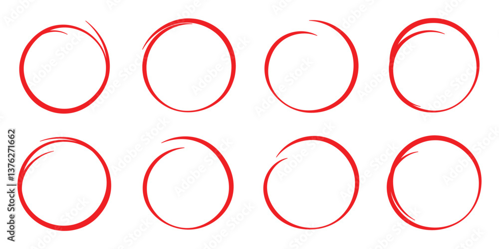 Poster hand drawn red circle line sketch. circular vector red icon. hand drawn circle with doodle patterns.
