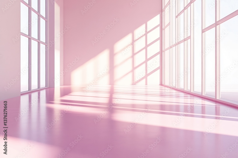 Poster a soft, smooth light pink floor surface in an empty modern room, with natural sunlight streaming thr