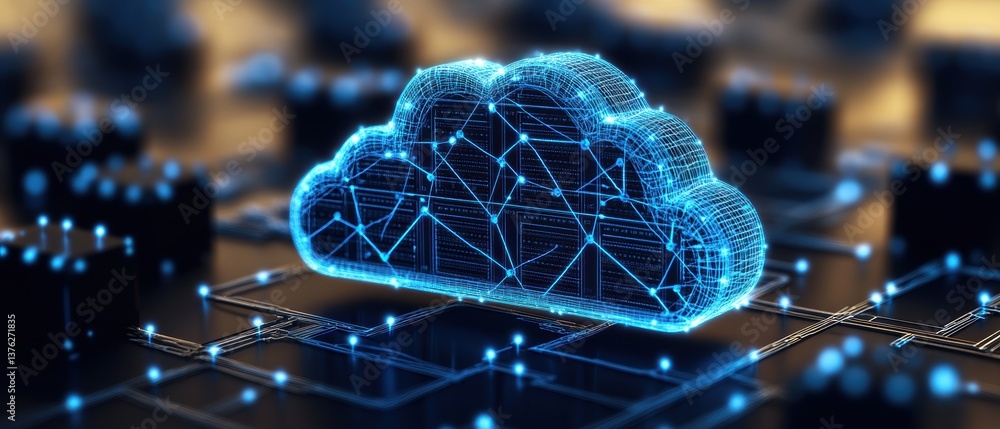 Poster a glowing blue wireframe cloud icon hovers above a complex microchip circuit board symbolizing the f