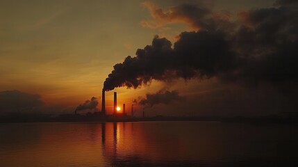 Fototapeta premium A sunset view highlighting coal power plant stacks discharging dark smoke, with the silhouette of the facility visible against the fading light