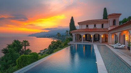 Naklejka premium Sunset view of a luxury villa with infinity pool overlooking the ocean.