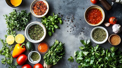 Fresh ingredients and spices are arranged on a table for cooking and garnishing delicious meals