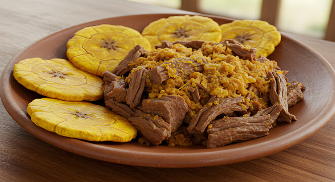 Nicaraguan baho featuring slow-cooked beef and plantains on a rustic wooden plate