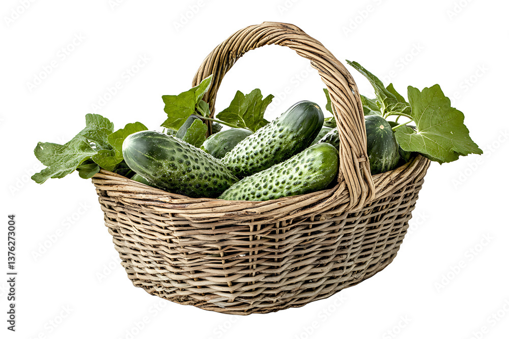 Poster a basket filled with fresh green cucumbers and leaves against a black background in a studio setting