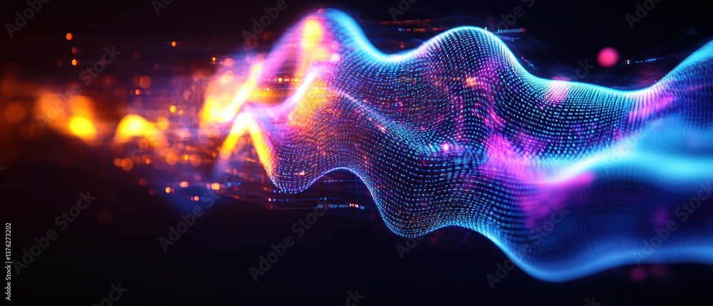 Poster abstract digital rende of vibrant flowing wave of light composed of interconnected particles display