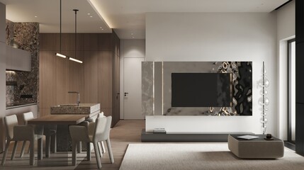 Stylish home interior with tv zone and fireplace in a modern living room.