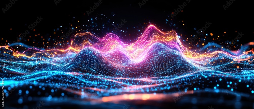Poster abstract digital landscape of glowing multicolored particles creating undulating waves peaks in a vi