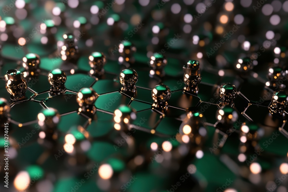 Poster abstract representation of a molecular structure with metallic spheres on a geometric pattern