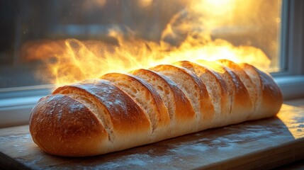 Golden-crusted loaf of freshly baked bread, steaming on a wooden board, backlit by a warm sunset.