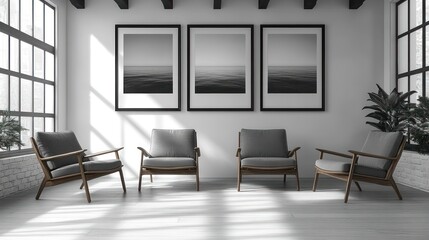 Fototapeta premium Modern minimalist living room with three framed landscape photos, four armchairs, and large window.