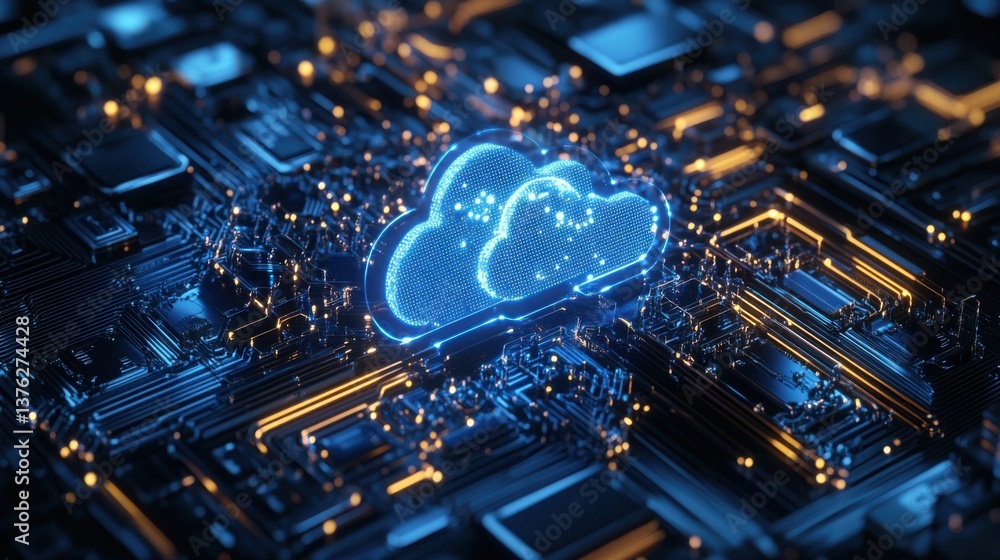 Poster a digital representation of cloud computing, featuring illuminated clouds on a circuit board backgro