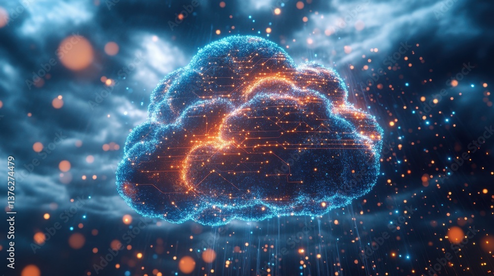 Poster a digital cloud representation with glowing circuits against a stormy backdrop, symbolizing technolo