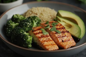 A well-balanced plate of grilled salmon, quinoa, and steamed broccoli with a side of avocado slices, highlighting a heart-healthy meal rich in omega-3s and fiber
