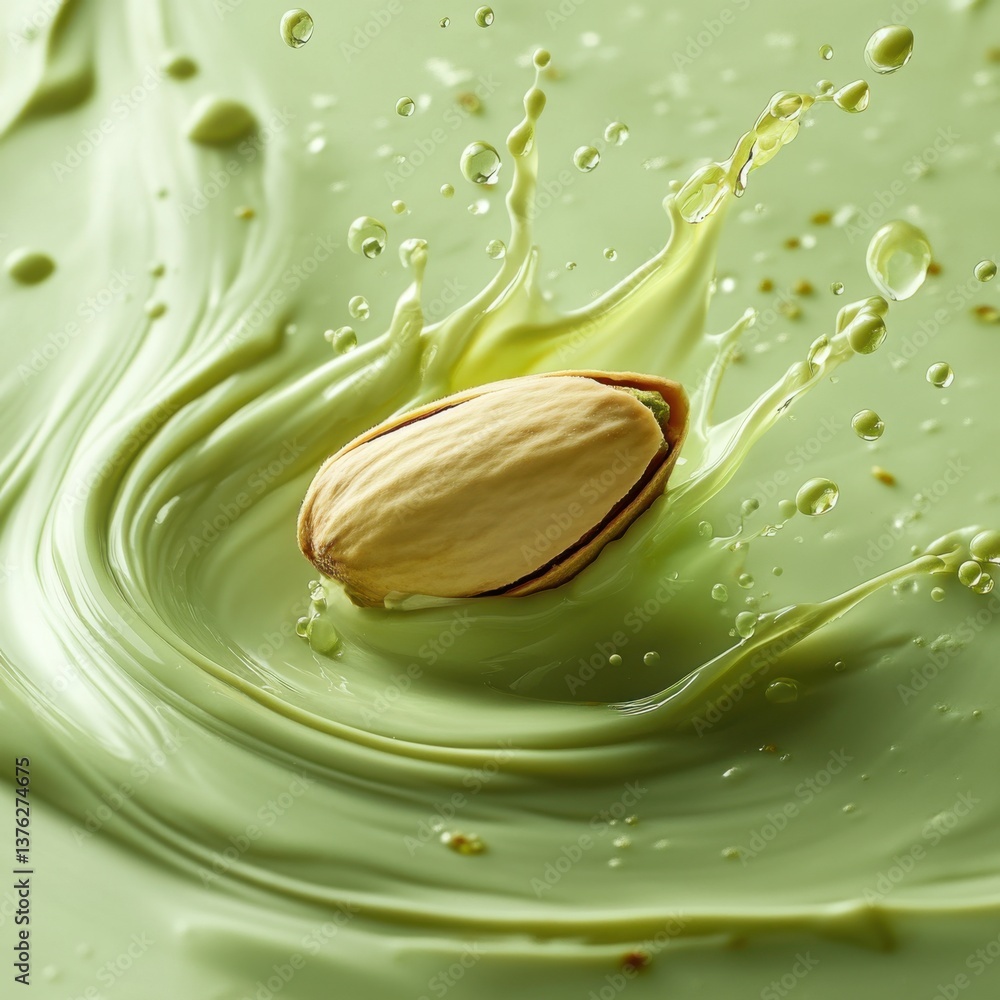 Aufkleber a close-up of a pistachio nut splashing in creamy green liquid, capturing the dynamic motion and viv