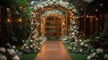 Obraz premium Romantic floral archway with lights leading to a doorway.