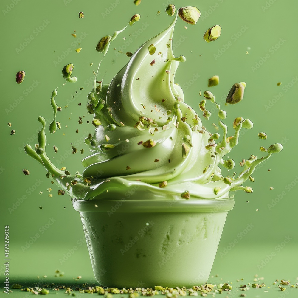 Poster a vibrant green ice cream swirl with pistachio nuts splashing around, creating a dynamic and appetiz