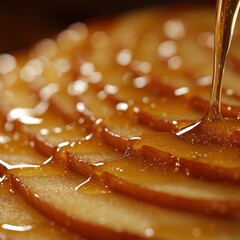 A close-up of sliced apples drizzled with honey, showcasing a glossy texture and appetizing appearance.