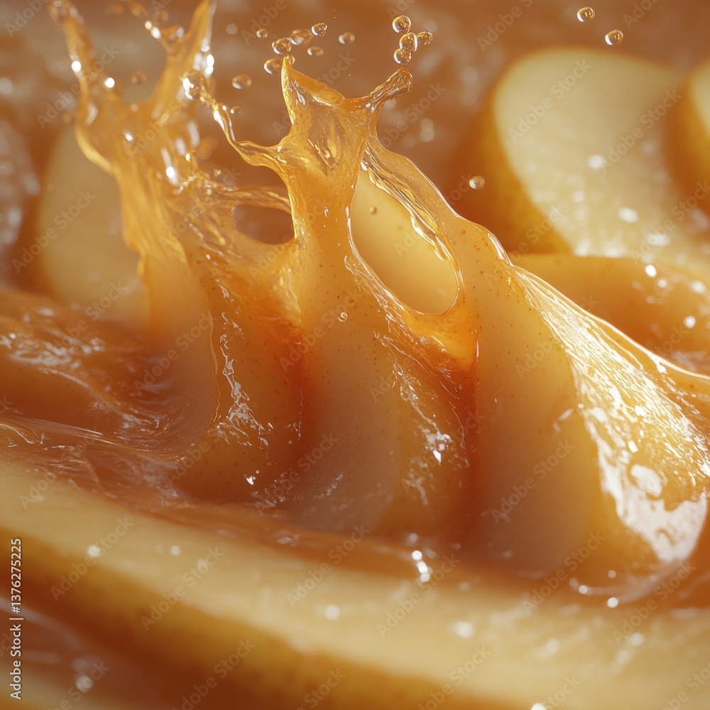 Poster a close-up of splashing liquid over sliced fruit, creating an enticing, vibrant visual with droplets