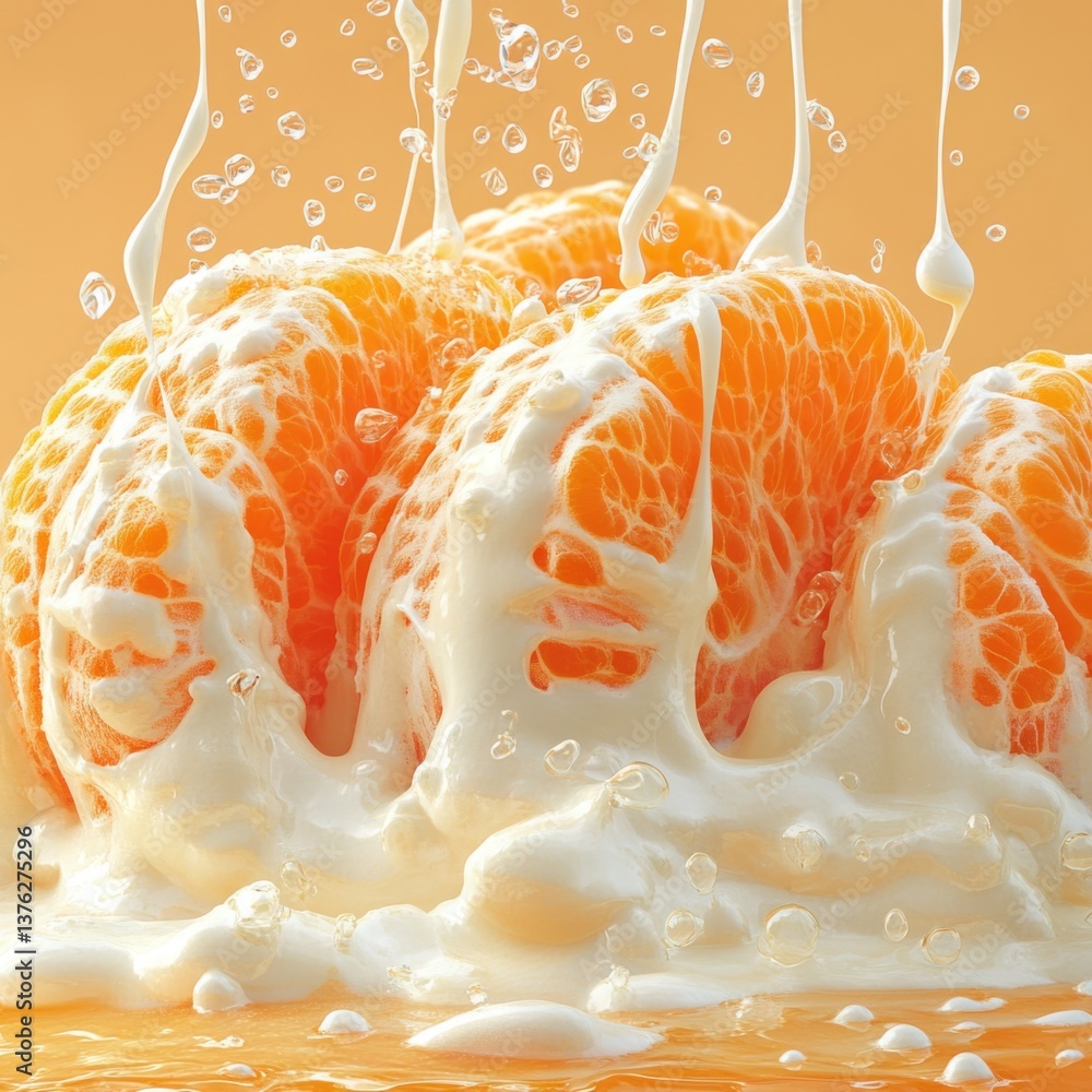 Aufkleber a vibrant splash of orange fruit segments surrounded by creamy foam, creating a refreshing and appet