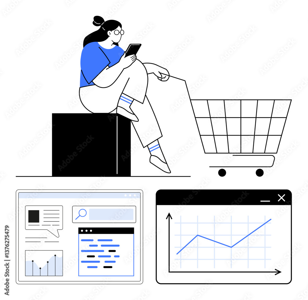 Aufkleber woman using phone near shopping cart, web interface below with search functionality and analytics ch