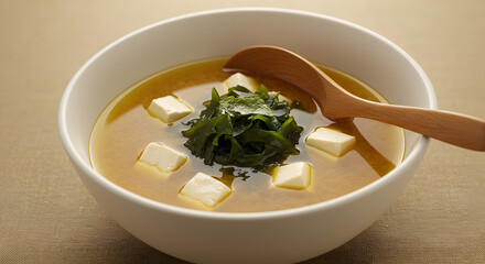 Authentic japanese miso soup featuring tofu and seaweed served in white bowl