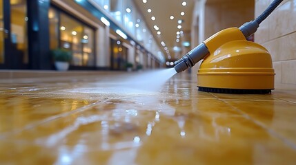 High-pressure cleaning machine sanitizing a shiny floor in a modern shopping mall corridor