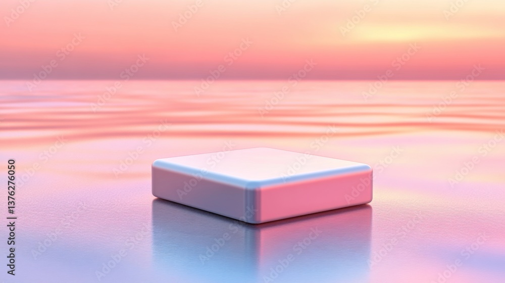 Poster a serene, minimalistic scene featuring a glowing rectangular object on a tranquil water surface, ref
