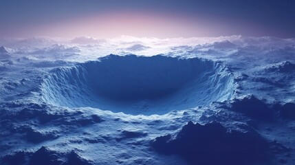 Fototapeta premium A stunning celestial landscape featuring a deep crater surrounded by icy terrain, illuminated by a soft glow from the horizon.