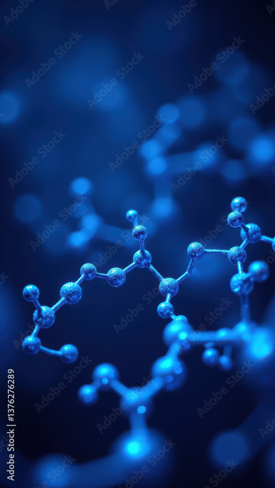 Poster an image depicting a molecular model with blue spheres representing atoms, illustrating the structur