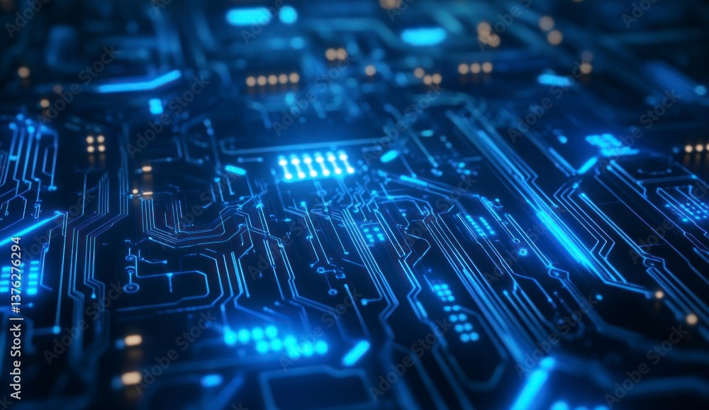 Poster glowing blue circuit board lines representing high technology and advanced systems