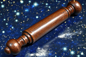 Exquisite dark wood rolling pin against a cosmic backdrop; ideal for baking, culinary, or mystical themes.