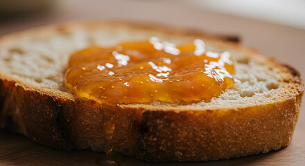 Golden apricot preserve dripping lusciously onto rustic, toasted bread slice