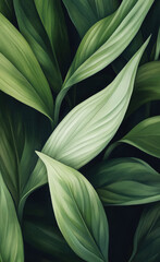 Close-up of lush green tropical leaves with soft lighting and artistic texture, emphasizing natural beauty, calmness and organic design in a botanical background.