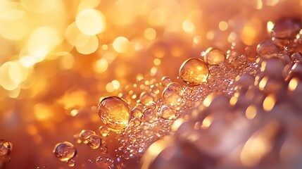 Golden Bubbles: A mesmerizing macro shot of golden-toned water droplets catching the light creating a stunning effect